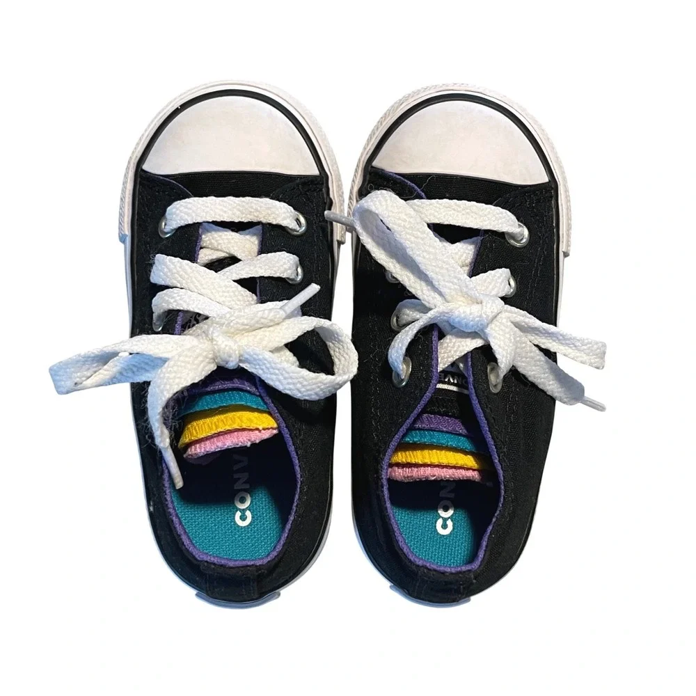 Converse Chuck Taylor All Star Kids 7 Black Rainbow Multi Tongue Low Top Sneaker